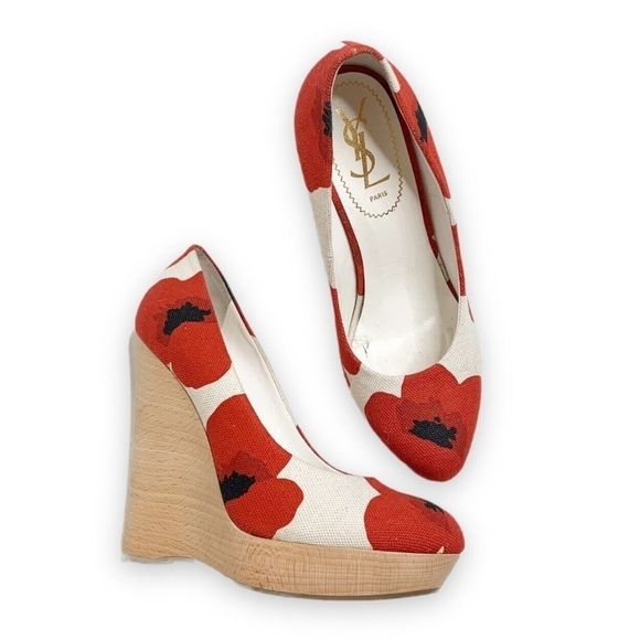 YSL Yves Saint Laurent Floral Canvas Platform Wedge Size 38 - Picture 1 of 13
